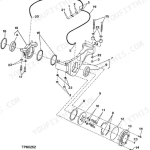 John Deere 444H, 544H, TC44H, TC54H exploded view diagram of rear differential supports and mounting components.