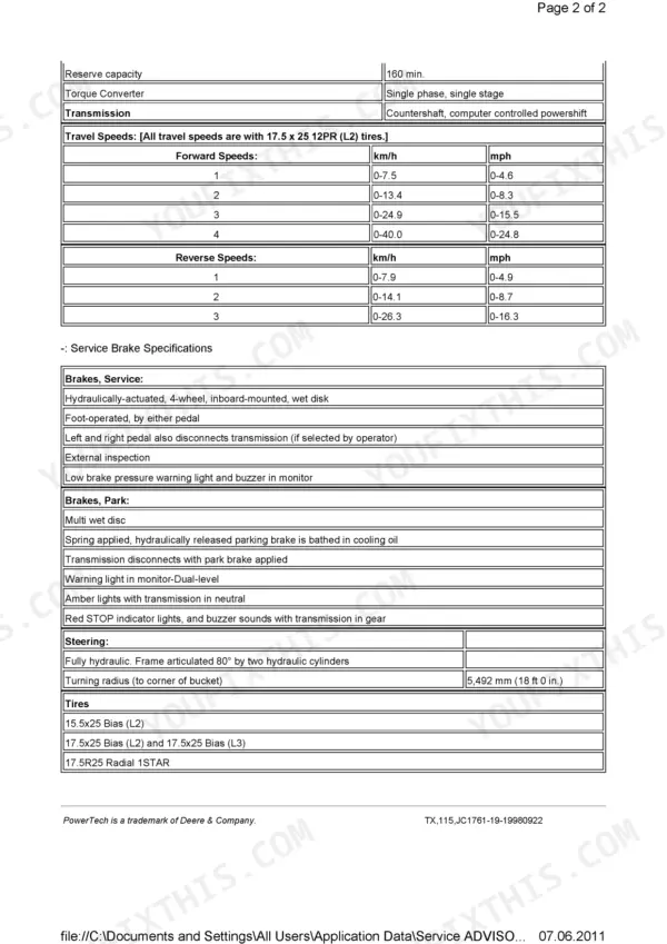 John Deere 444H, 544H, TC44H, TC54H Loader technical manual specs table for travel speeds, service brakes, and steering.