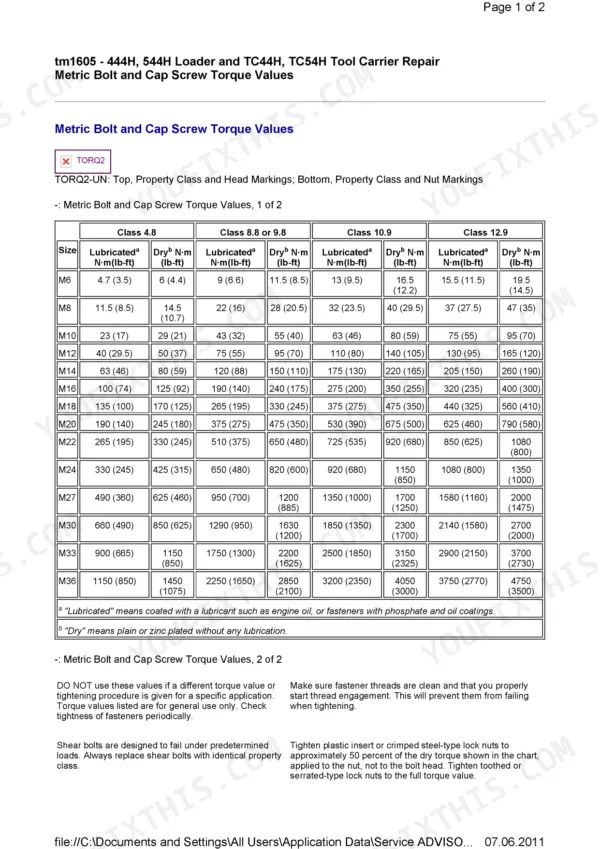 John Deere 444H, 544H, TC44H, TC54H: Metric bolt and cap screw torque values table for classes 4.8, 8.8, 10.9, and 12.9.