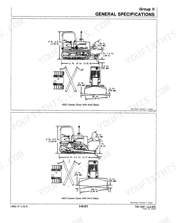 John Deere 450D, 455D, 450D Crawler Bulldozer, 455D Crawler Loader: General specifications diagram for 6405 and 6410 blades.