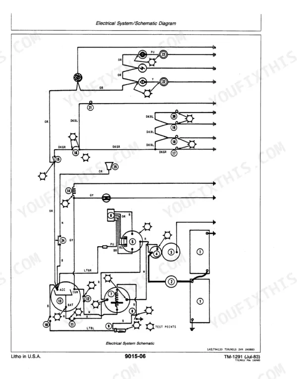 John Deere 450D, 455D, 450D Crawler Bulldozer, 455D Crawler Loader electrical system schematic diagram with battery and ignition.