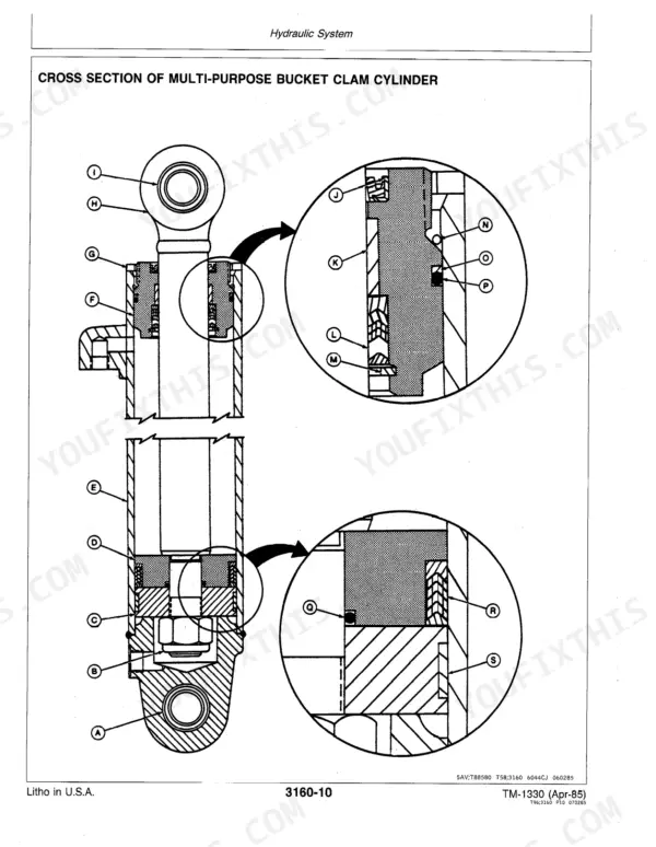John Deere 450E Crawler Bulldozer, 455E Crawler Loader cross section diagram of multi-purpose bucket clam cylinder.