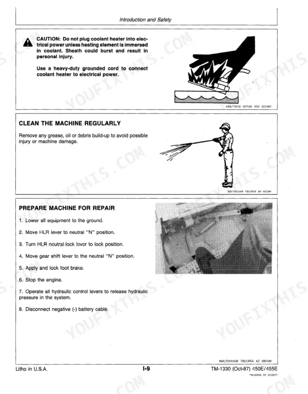 John Deere 450E Crawler Bulldozer, 455E Crawler Loader safety procedures for coolant heaters, cleaning, and repair.