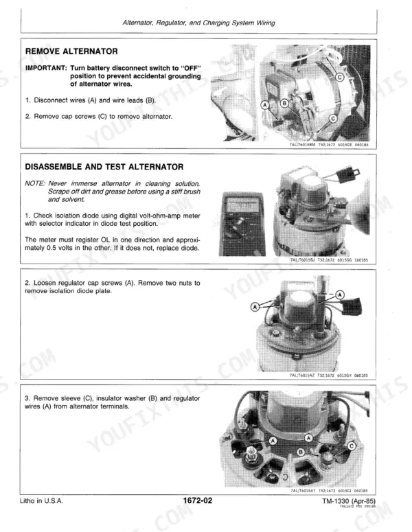 John Deere 450E Crawler Bulldozer, 455E Crawler Loader: Alternator removal, disassembly, and testing procedures.