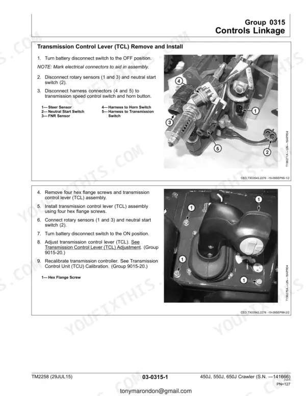 John Deere 450J, 550J, 650J Crawler Dozer transmission control lever removal and installation procedure with component photos.