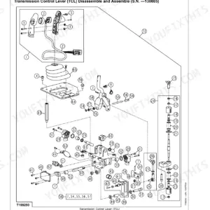 John Deere 450J, 550J, 650J Crawler Dozer exploded view of Transmission Control Lever (TCL) disassembly and assembly.
