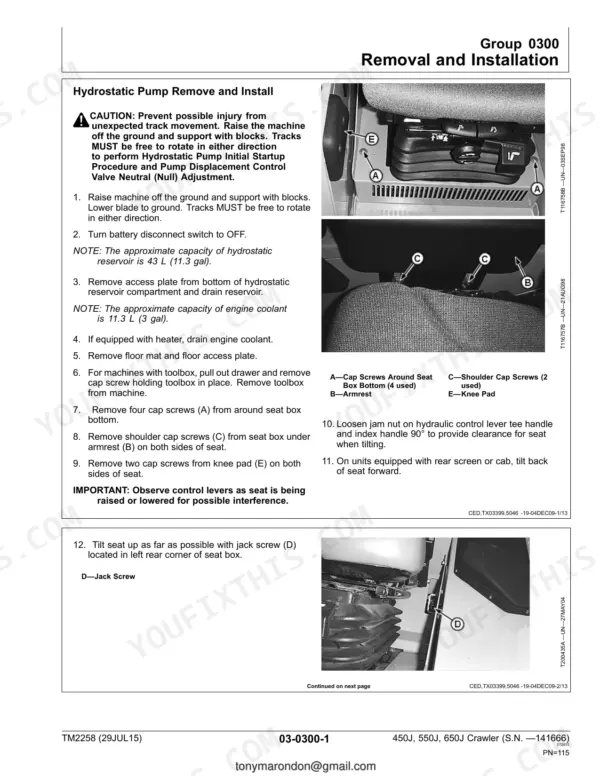 John Deere 450J, 550J, 650J Crawler Dozer hydrostatic pump removal and seat tilting procedure steps and diagrams.