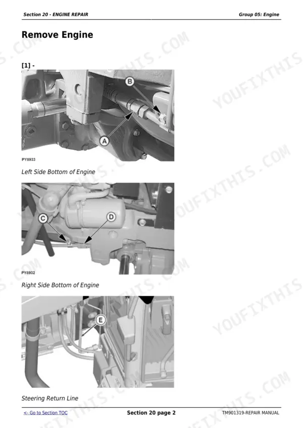 John Deere 5055E, 5065E, 5075E engine removal procedure showing left and right side engine components and steering return line.