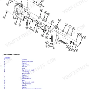 John Deere 5085E, 5090E, 5090EL, 5100E, 5100E (FT4) Tractors exploded view diagram of the PowrReverser clutch pedal assembly.