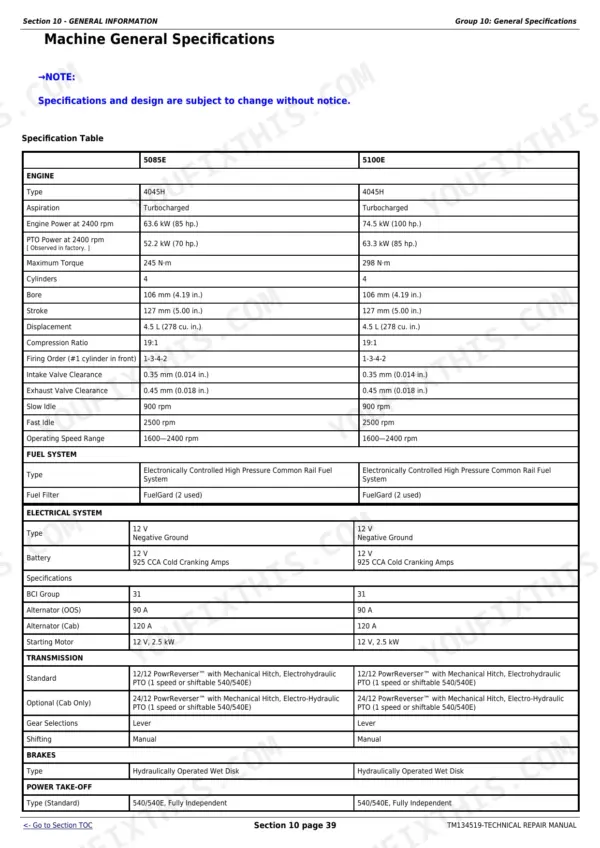 John Deere 5085E, 5090E, 5090EL, 5100E, 5100E (FT4) Tractors general specifications table for engine, fuel, and electrical.