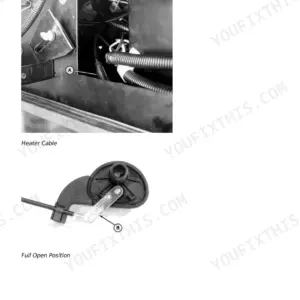 John Deere 5200, 5300, 5400, 5500 heater temperature control cable adjustment in the operator station section.