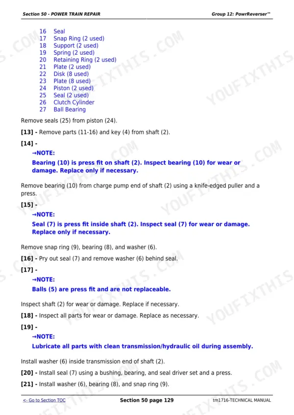 John Deere 5210 diagnostic and repair technical manual - Power Train Repair, Section 50 - POWER TRAIN REPAIR