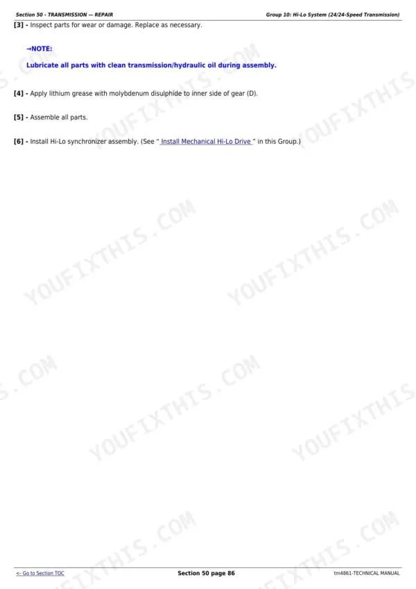 John Deere 5215F/V technical repair manual - Transmissions - Repair, Section 50 - TRANSMISSION — REPAIR