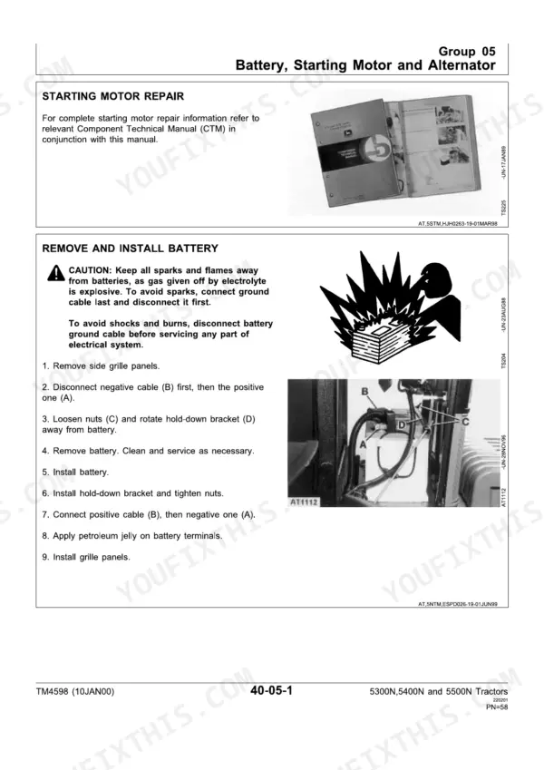 John Deere 5300N, 5400N, 5500N battery removal and installation procedure with safety warnings and component diagram.