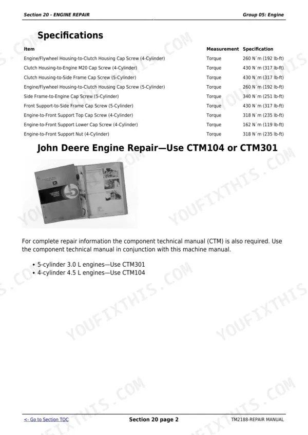 John Deere 5325N, 5425N, 5525N engine specifications table with flywheel housing to clutch torque values.