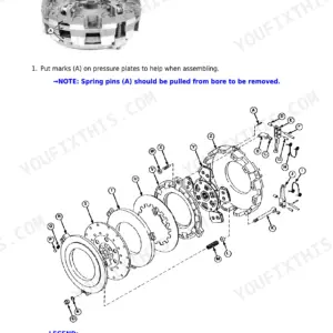 John Deere 5403, 5600, 5603, 5605, 5700, 5705 Carraro clutch assembly disassembly and exploded view diagram.