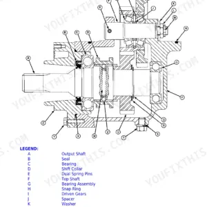 John Deere 5415, 5615, 5715 exploded view diagram of the MFWD drop gearbox assembly with labeled component legend.