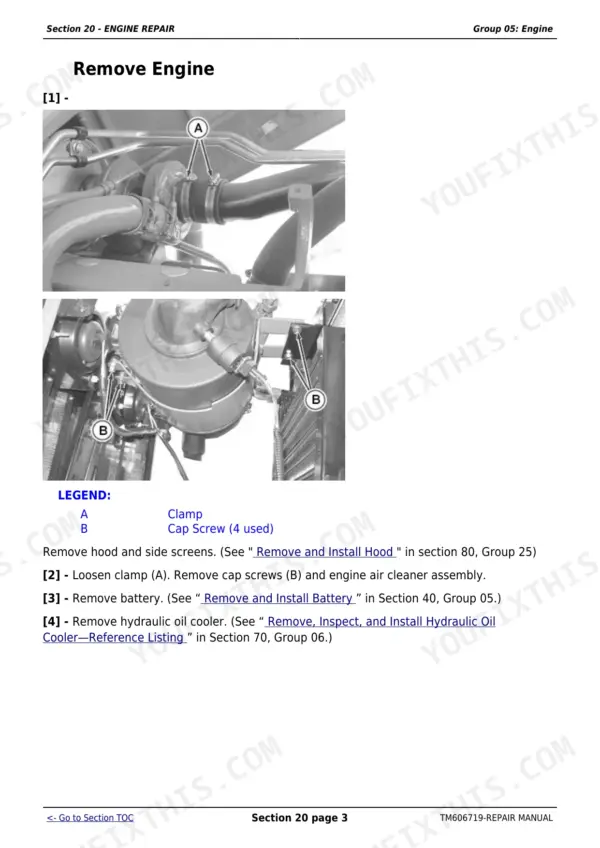 John Deere 5415, 5615, 5715 engine removal procedure showing air cleaner assembly, clamps, and cap screw locations.