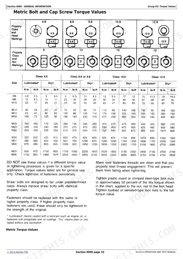 John Deere 544E, 544E LL, 544E TC, 624E, 644E metric bolt and cap screw torque value specification table and markings.