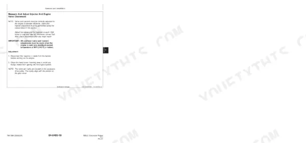 John Deere 550LC service manual page for measuring and adjusting engine valve and injector clearances procedure.