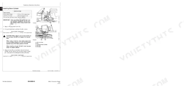 John Deere 550LC boom cylinder installation procedure, torque specs, and component diagrams for pins and lock plates.