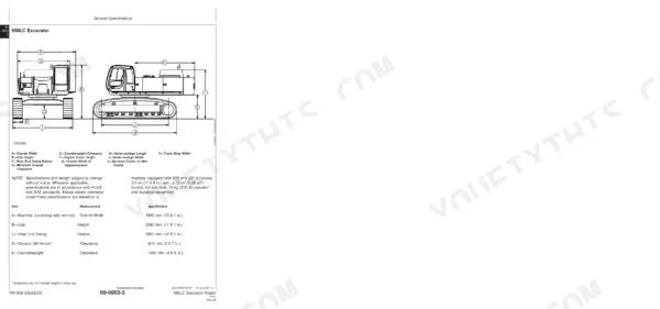 John Deere 550LC excavator general specifications diagram showing machine dimensions and measurement table.