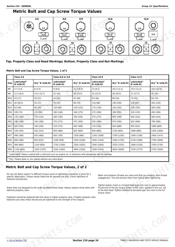John Deere 6103, 6203, 6403, 6603 metric bolt and cap screw torque values table and head marking identification guide.