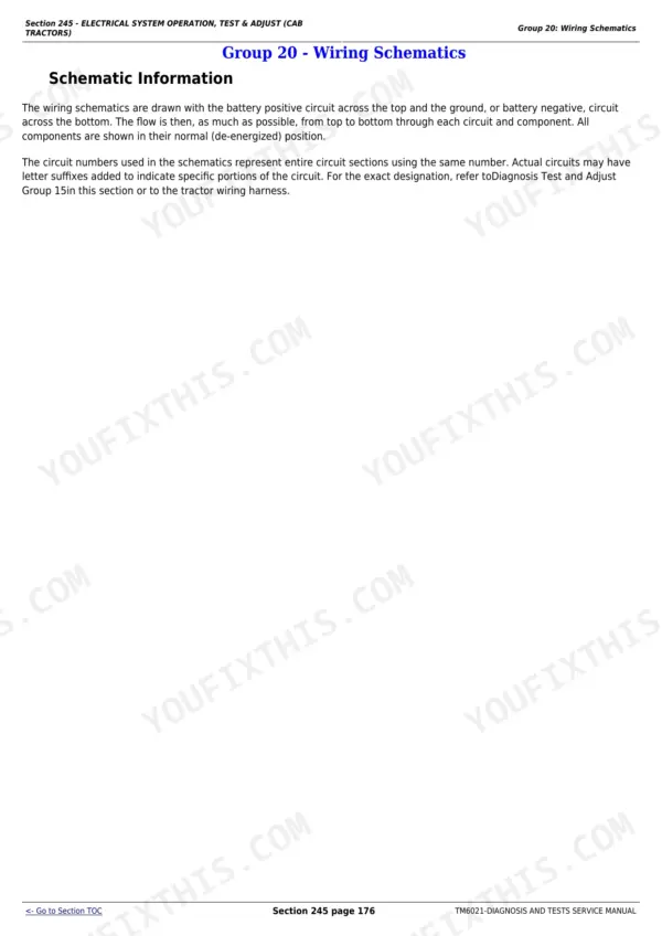 John Deere 6103, 6203, 6403, 6603 service manual page explaining electrical system wiring schematic conventions.