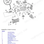 John Deere 6105E, 6120E, 6135E exploded view of 12-speed transmission components and identification legend.