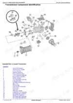 John Deere 6105E, 6120E, 6135E exploded view of 12-speed transmission components and identification legend.