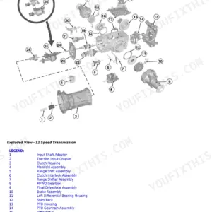 John Deere 6105E, 6120E, 6135E exploded view of 12-speed transmission components and identification legend.