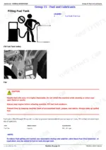 John Deere 6105E, 6120E, 6135E fuel tank filling procedure, safety precautions, and fuel capacity specifications.