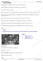 John Deere 6105E, 6120E, 6135E engine removal procedure steps, including fuel line and junction block component diagram.