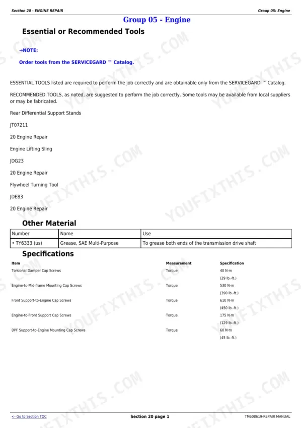 John Deere 6105E, 6120E, 6135E engine repair manual page listing essential tools, materials, and torque specifications.
