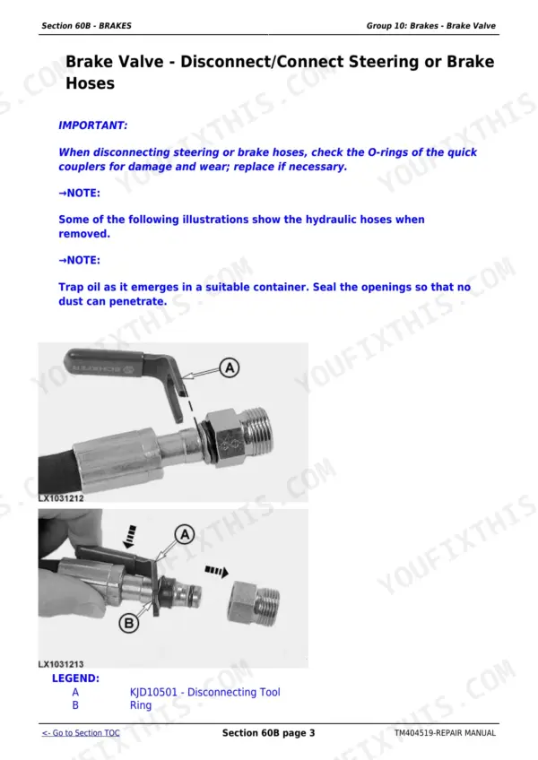 John Deere 6105R, 6115R, 6125R, 6130R brake valve service with steering and brake hose disconnect procedure.