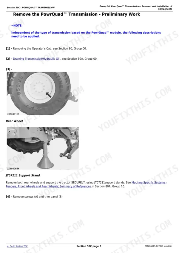 John Deere 6110R repair manual - PowrQuad Transmission, Group 00: PowrQuad™ Transmission - Removal and Installation