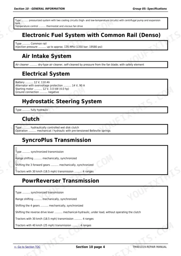 John Deere 6225, 6325, 6425, 6525 Repair Manual — Technical Specifications