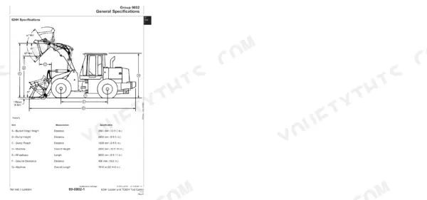 John Deere 624H, TC62H general specifications diagram showing loader dimensions, bucket hinge height, and dump reach.