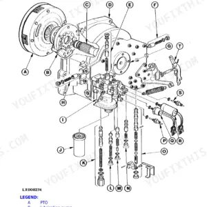 John Deere 6405, 6605 exploded view of PermaClutch II transmission components, including PTO, pump, and valve assembly.