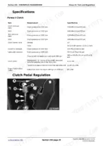 john-deere-6405-6605-tractors-service-manual-tm4867-specs-156.webp John Deere 6405, 6605 SyncroPlus transmission specifications table for Perma II clutch and clutch pedal regulation diagram.