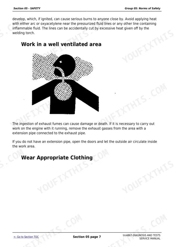John Deere 6405, 6605 safety manual page on ventilation, exhaust fume hazards, and proper protective clothing.