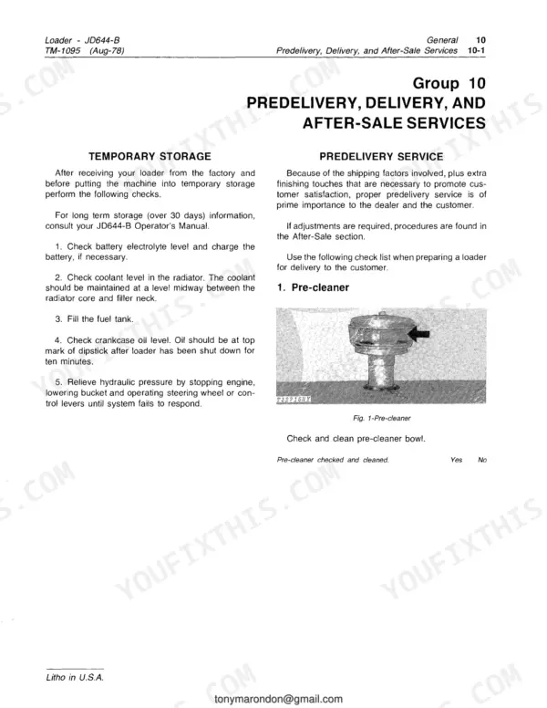 John Deere 644-B, John Deere 644-B manual page for temporary storage and predelivery service procedures including pre-cleaner inspection.