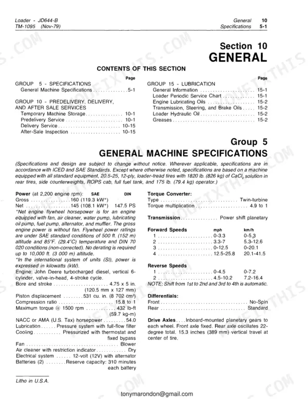 John Deere 644-B, John Deere 644-B technical manual page showing general machine specifications, engine data, and speeds.