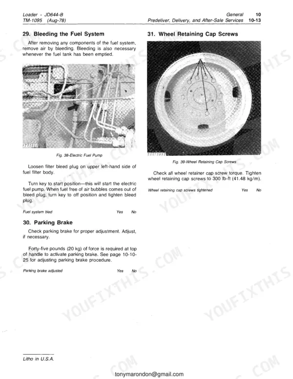 John Deere 644-B, John Deere 644-B fuel system bleeding, wheel cap screw torque, and parking brake adjustment procedures.