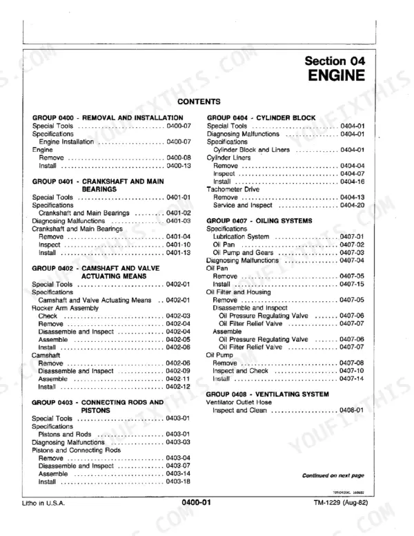 Engine section contents, listing removal, crankshaft, cylinder block and the remaining engine repair groups