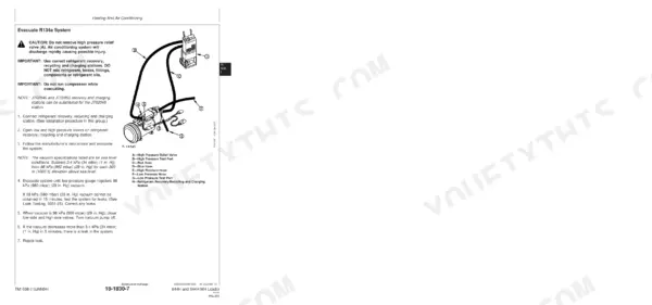 John Deere 644H, 644H MH service manual page showing R134a air conditioning system evacuation procedure and diagram.