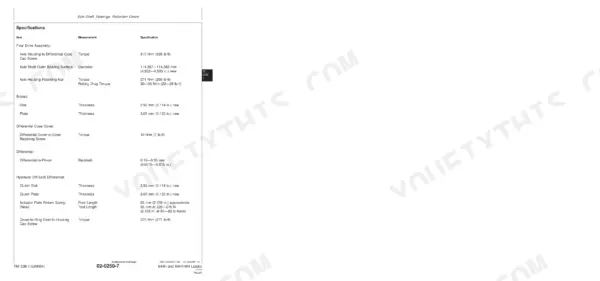 John Deere 644H, 644H MH axle shaft, bearing, and differential gear specifications table for torque, thickness, and backlash.
