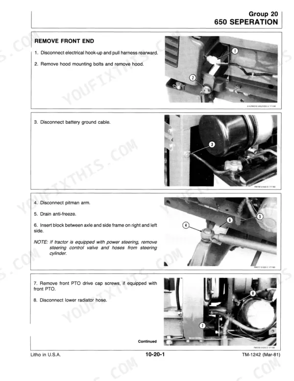 John Deere 650, 750 manual: Procedures for front end separation, including hood, battery, and pitman arm removal.