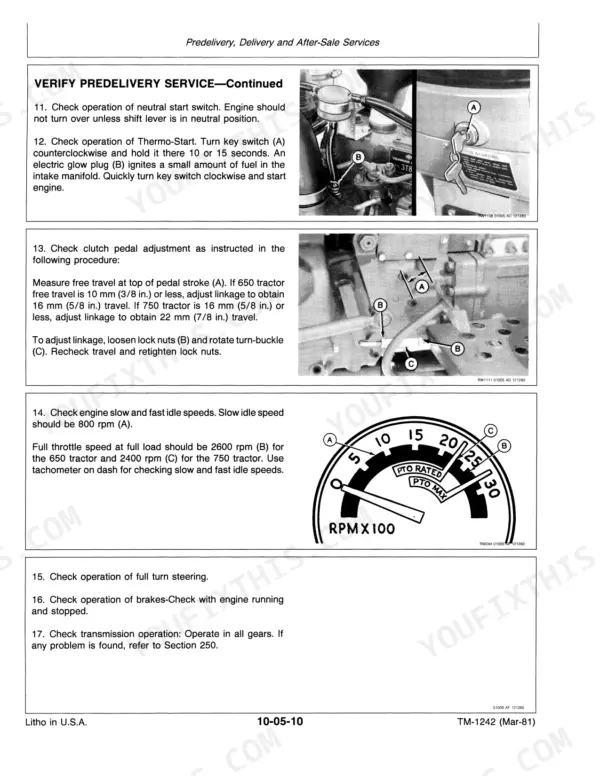 John Deere 650, 750 predelivery service procedures for Thermo-Start, clutch pedal adjustment, and engine idle speeds.