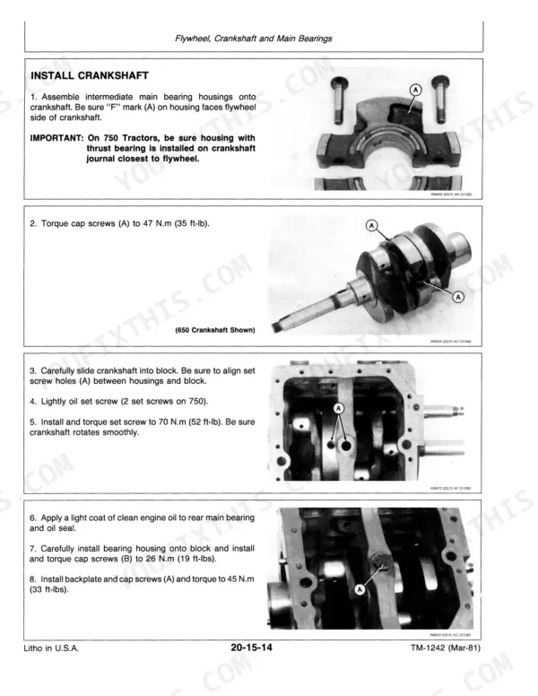 John Deere 650, 750: Procedures for installing crankshaft, main bearing housings, and torque specifications.